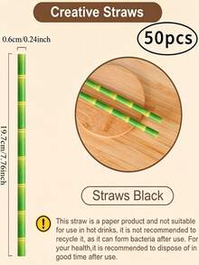 50/25pcs Green Bamboo Pattern Paper Straws - Bamboo Pattern Straws, Suitable For Cocktails, Birthday And Wedding Decorations, Tropical Hawaiian Style Parties; Creative Small Gifts, Summer Decorations And Party Supplies.(Brush Included) - Multicolor - View 2