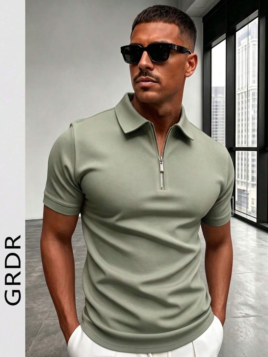 GRDR 男士夏季 Polo 领半拉链短袖 T 恤，适合户外、度假和休闲穿着