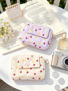 Strawberry & Plaid Print Quilted Cosmetic Bag Portable Sanitary Napkin Organizer With Keyring Cute Mini Storage Bags Heart Pattern Coin Purses Pouch - Multicolor - View 4