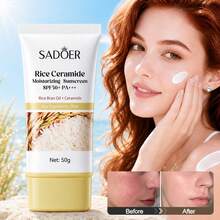 1 pieza Protector solar hidratante de ceramida de arroz, SPF50+PA++++, loción aislante sin aceite, hidratante y iluminador, reparación de la barrera cutánea, resistente al agua y protección UV, primer protector solar, 50g, adecuado para uso diario al aire libre - Amarillo - Ver 2