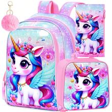 3pcs/Set Girls Cartoon Unicorn Floral Blue Wings Adjustable Shoulder Strap Zipper Closure Cute Style Backpack Set, Suitable For Back To School And Daily Outings - Pink - View 3
