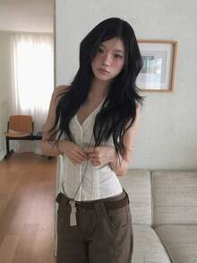 韓式蕾絲拼接條紋細肩帶單排扣背心上衣 夏季 - 杏色 - 查看 6