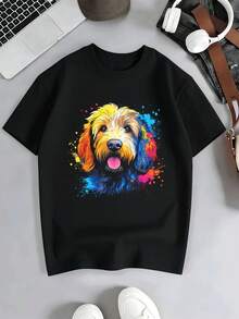 Buntes Herren-T-Shirt Mit Hundeprint Aus Cheicher Baumwolle, Bequeme Passform, Atmungsaktiv, Street-Hip-Hop-Stil, Einzigartiger Grafikdruck - 黑色 - 查看 2