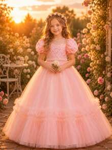 Beaded Sequin Puffy Princess Party Dress, Suitable For Young Girls, Birthday, Wedding, Formal Occasions - Pink - View 3