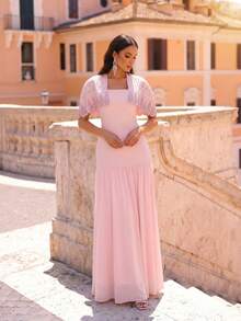 New Heavy Embellished Luxury Diamond Shawl + Bandage Dress 2-Piece Set, Flowing Mesh Skirt, Elegant Glamorous Birthday Party Bandage Dress - Pink - View 3