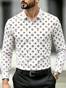 Men's Fashion All-Over Print Long Sleeve Shirt, Suitable For Casual Parties And Daily Wear - White - View 1