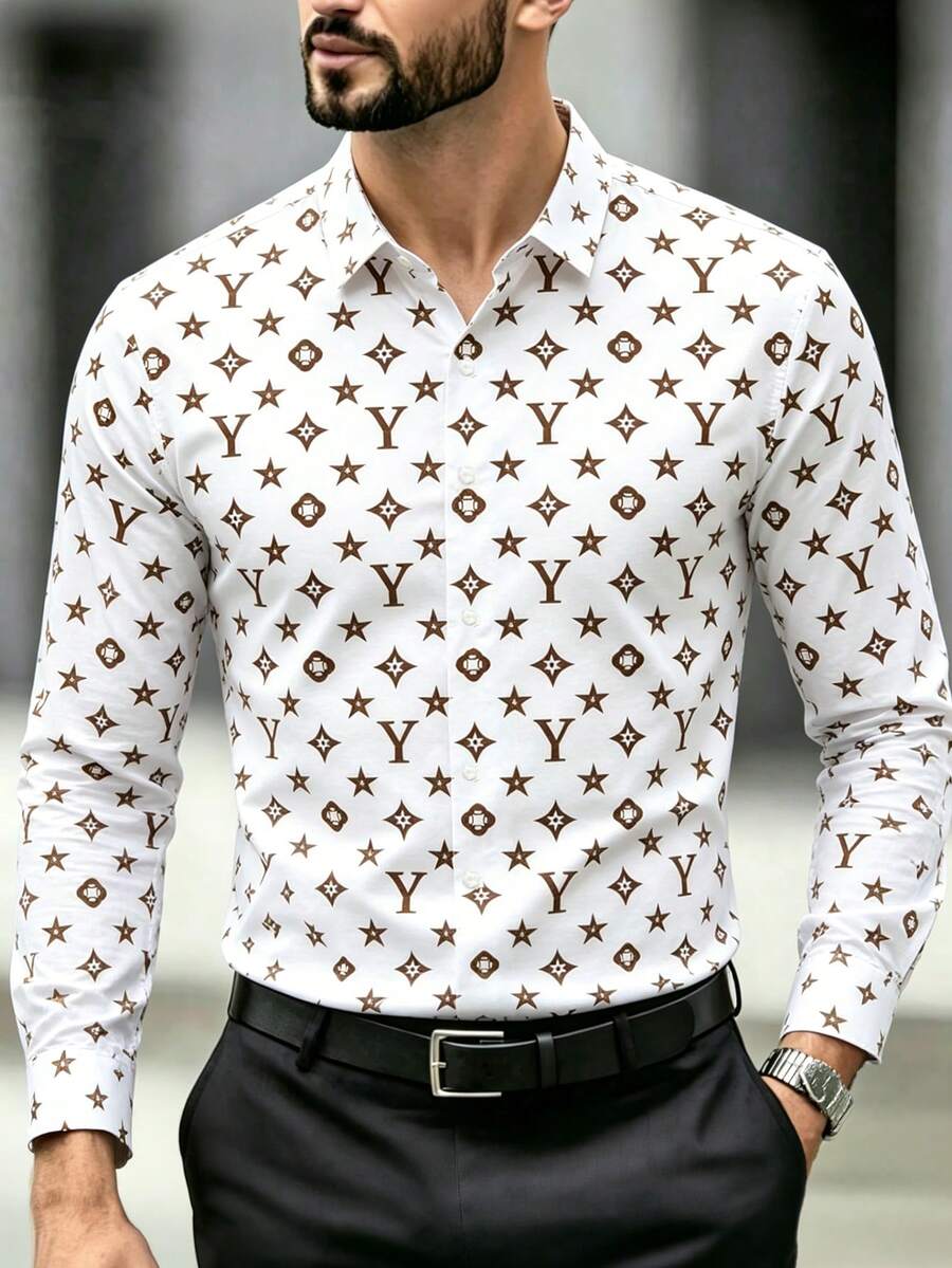 Men's Fashion All-Over Print Long Sleeve Shirt, Suitable For Casual Parties And Daily Wear - White - View 1