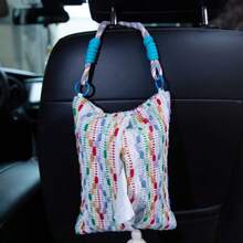 Car Seat Back Tissue Box Holder, Car Hanging Tissue Dispenser, Car Interior Hanging Storage Bag, Creative Cute Tassel Decorative Tissue Carrier, Elegant Fabric Car Tissue Organizer For Vehicle Organization - Grey Stripes - View 1