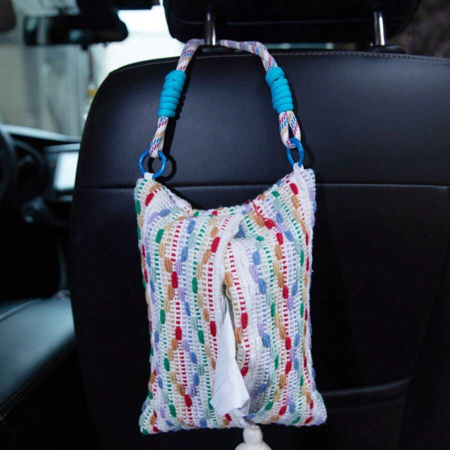 Car Seat Back Tissue Box Holder, Car Hanging Tissue Dispenser, Car Interior Hanging Storage Bag, Creative Cute Tassel Decorative Tissue Carrier, Elegant Fabric Car Tissue Organizer For Vehicle Organization - Grey Stripes - View 1