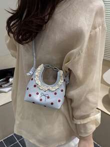 Mini Small Bag, Fashion Lace Ruffle Crescent Moon Handbag, Stylish Chic Red Crossbody Small Bag - Blue - View 5