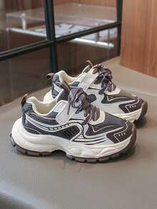 Sneaker da ragazza con suola spessa e chunky, scarpe da running in in rete traspirante con chiusura a strappo, suola antiscivolo con battistrada profondo e resistente all'usura, scarpe casual sportive da passeggio per uso esterno - Cachi - Visualizzare 3