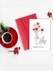1pc Congratulations Card "Cheers To You!" With Envelope – Funny Wine Glass & Balloon Design – Blank Inside For Birthday, Success & Celebrations - A - View 4