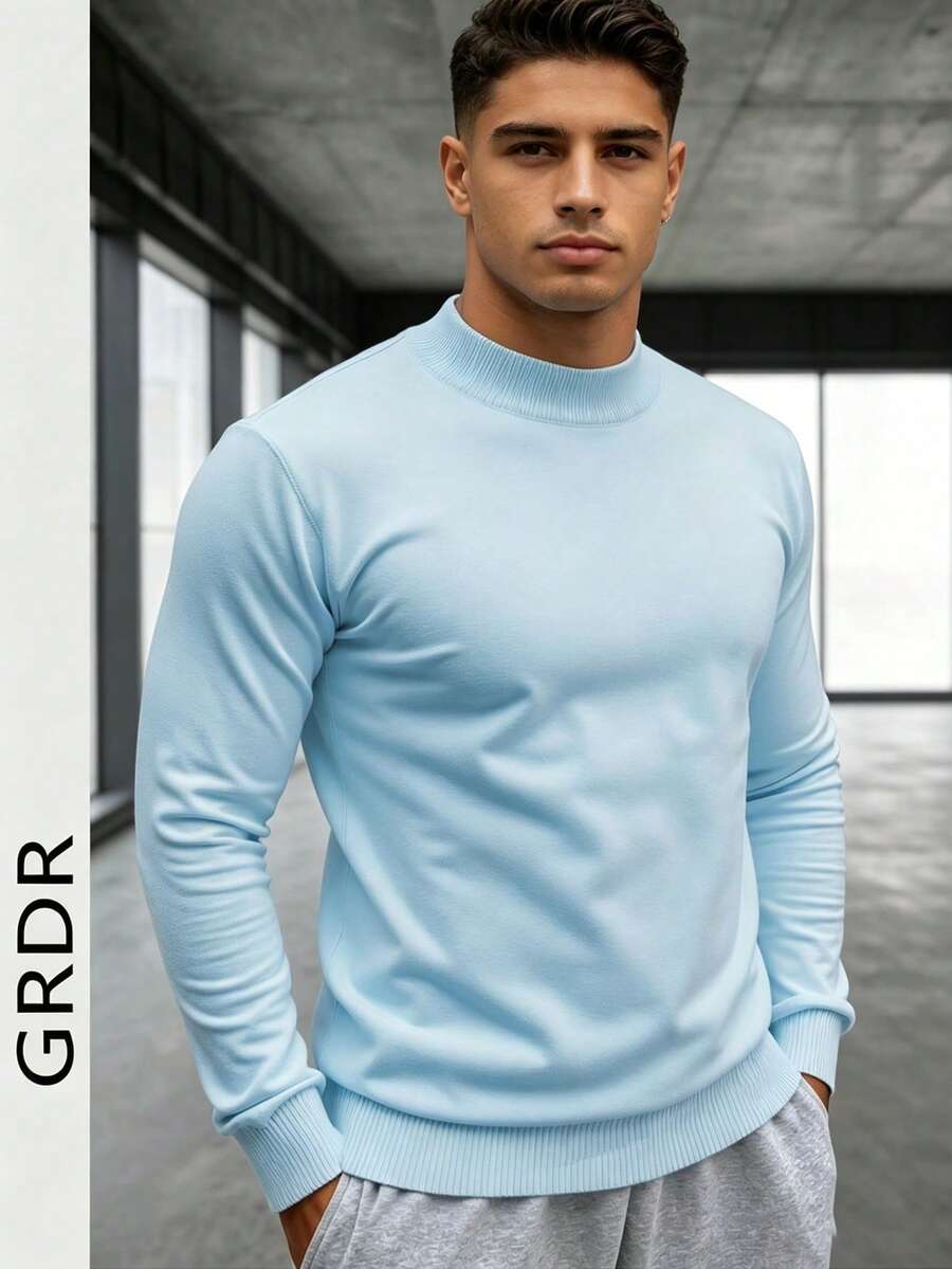GRDR Men's Crew Neck Long Sleeve Sweater, Versatile Daily Wear Knitted Top - Baby Blue - View 1