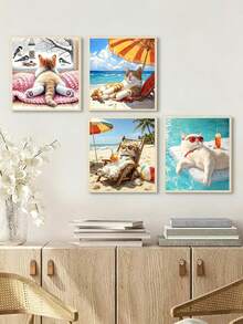 1pc/4pcs Snow Beach Scene Cat In Water Theme DIY Digital Oil Painting Handmade Adult Home Decor Holiday Gift - 20x20 - View 3