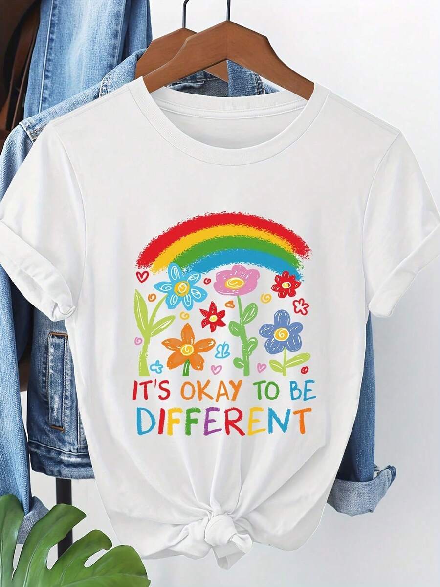 Women's Top 2026 Rainbow Pattern Short Sleeve T-Shirt 8055 Spring Clothing - 白色 - 查看 1