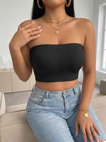 Plus Size Solid Color Seamless Ribbed Tube Top, No Lining No Padding, Casual Daily Home Wear, Versatile Layering Top, Black - Black - View 1
