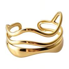 304 Stainless Steel Minimalist Ins Style Adjustable Wave Pattern Ring, Unisex Simple Metal Rings For DIY Jewelry Making, Available In 18k Gold, Silver, Rainbow Plating - Gold - View 3