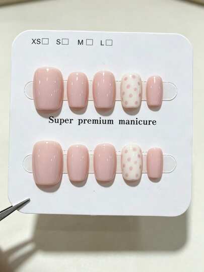 10pcs Handmade Short Square Press-On Nails, Sweet Minimalist Style, Nude Pink Base With Cream White And Pink Polka Dot Design, Suitable For Women And Girls, Spring Autumn Winter Summer Holiday Party And Daily Use