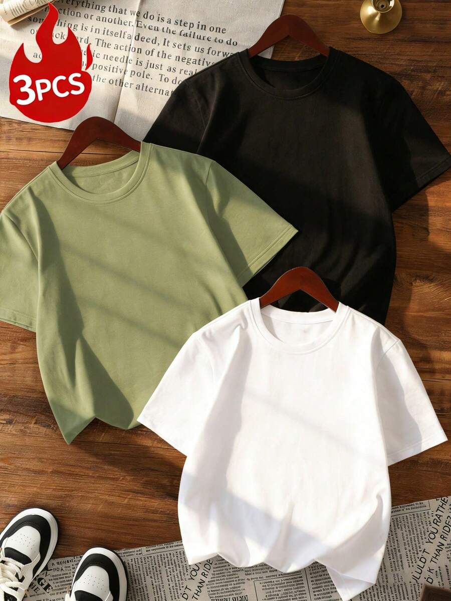 Set Of 3 Women's Short-Sleeved, Crew-Neck T-Shirts In Solid Colors, Suitable For Everyday Wear. Includes A White T-Shirt, A Black T-Shirt, And A Pink T-Shirt. - 多色 5 - 查看 1