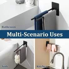 Porta asciugamani a doppia barra in acciaio inox nero, fissaggio adesivo senza fori, lunghezza 30 cm, per bagno e cucina - nero - Visualizzare 3