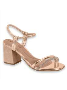 Vizzano Sandália Feminina Beira Rio Calcados Femininos Salto Bloco Salto Médio Elegante Brilho Glitter Metalizado Festa Casamento Formatura Dourado - Rosê - Visão 1