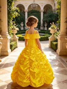 8pcs Girls Yellow Sleeveless Ruffled Full Skirt Dress, Crown, Magic Wand, Necklace, Bracelet, Gloves Costume Set, Children Role Play Outfit For Party, Birthday, Christmas, Carnival - Yellow - View 6
