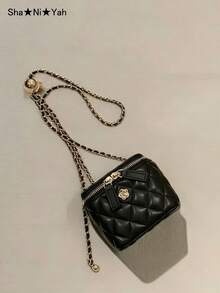 Bolso de cadena de cuero acolchado, tamaño mini pequeño, de mano, bandolera, bolso de maquillaje tipo cubo - Negro - Ver 1