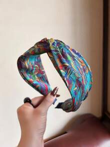 1pc Abstract Art Print Knotted Headband, Wide Colorful Painted Headband, Bohemian Style Women's Hair Accessory - Multicolor - View 5
