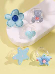 Set 5 buah cincin resin motif bunga biru, beruang, bintang, dan hati yang lucu, modis, elegan, dan unik, cocok untuk pemakaian sehari-hari dan pesta liburan. - MultiWarna - View 7