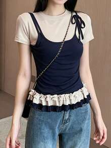 Korean-Style American Summer New Ruffle Hem 2 In 1 Short Sleeve T-Shirt, Top For Women - Navy Blue - View 2