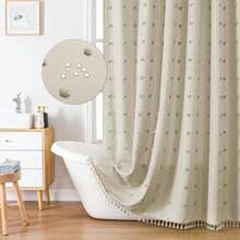 1pc Beige Bohemian 3D Floral Shower Curtain, Bohemian Style 3D Tufted Pom Pom Shower Curtain With Tassel Hem, Dry And Wet Separation Curtain, Bathroom Privacy Decorative Curtain (Daily Home Use/Homestay Apartment/All Seasons) - Beige - View 2