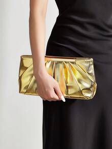 AIBBYDAR Women's Clutch Bag, Gold Fashion Elegant Pleated Bag, Gold Bag, Women's Handbag, Evening Bag, Portable Makeup Bag, Wallet, Business Commute, Crossbody Bag With Detachable Shoulder Strap, Wedding Season, Ball, Party, Holiday Gathering, Gift - Gold - View 2