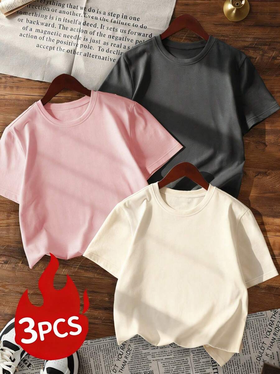 Set Of 3 Women's Short-Sleeved, Crew-Neck T-Shirts In Solid Colors, Suitable For Everyday Wear. Includes A White T-Shirt, A Black T-Shirt, And A Pink T-Shirt. - 多色 7 - 查看 1