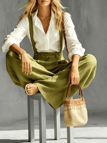 Pantalones casuales de estilo francés de corte holgado para mujer, adecuados para primavera y verano.Cintura alta, pierna ancha, corte relajado, pantalones cargo de unicolor y holgados, suav - Verde Oliva - Ver 3