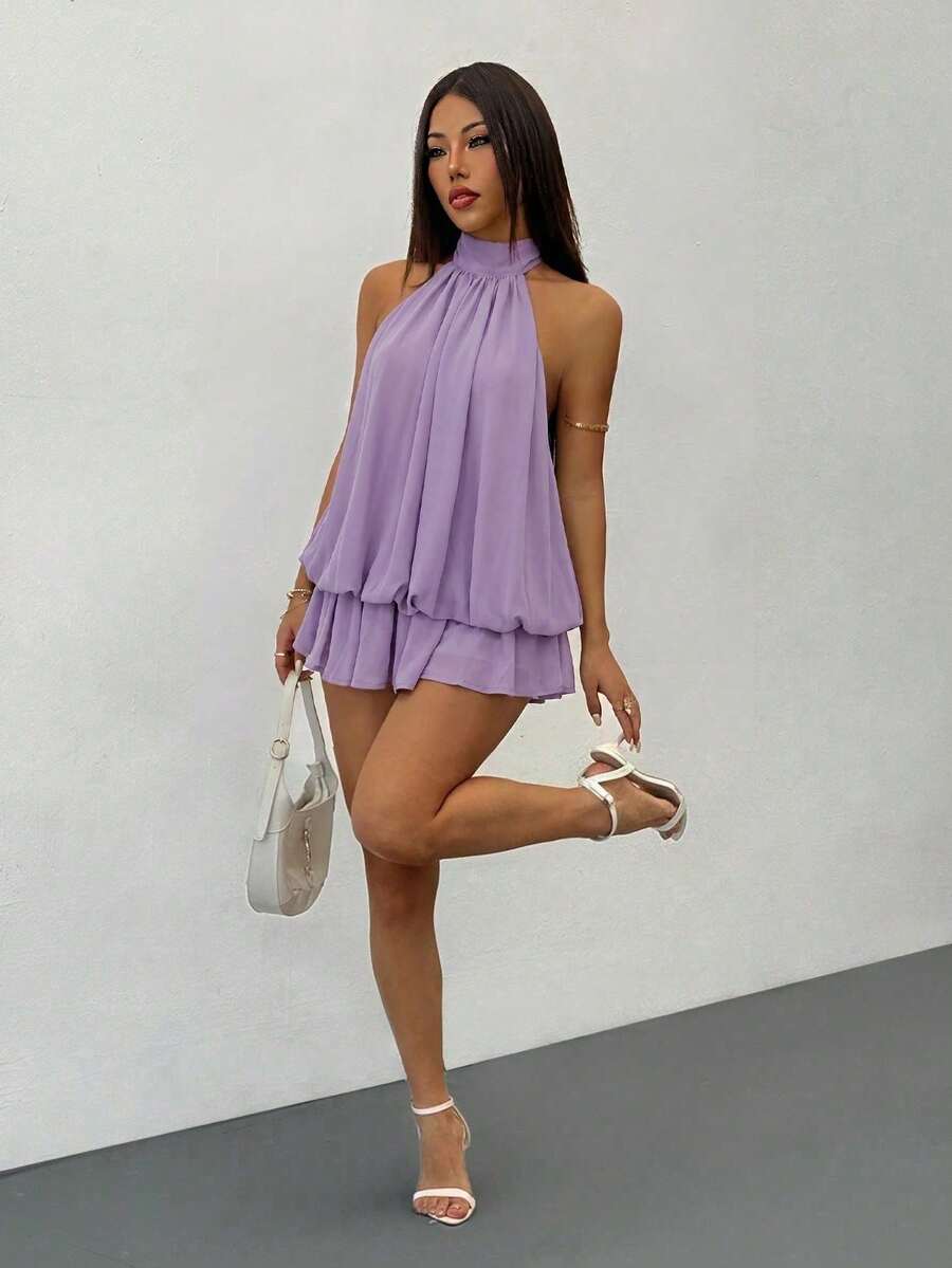 PETITE Vestido mini elegante de mujer de color amarillo claro con cuello halter y lazo, adecuado para fiestas, citas, otoño/invierno, primavera/verano - Púrpura polvoriento - Ver 1