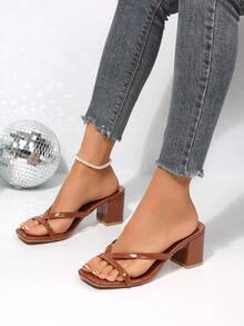 New Plus Size Women's Comfortable Minimalist Square Toe Open Toe One-Strap High Heel Sandals Slippers Casual Fashion Outdoor Beach Summer Shoes - Brown - View 5
