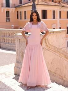 New Heavy Embellished Luxury Diamond Shawl + Bandage Dress 2-Piece Set, Flowing Mesh Skirt, Elegant Glamorous Birthday Party Bandage Dress - Pink - View 5