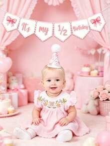 1/2pcs-"1/2 Year Old Birthday" Girl Set: Includes Hat, Decorative Banner, Princess Crown And Bow Accessories (Suitable For 6 Months Old Baby Party) Baby Party Decoration - Multicolor - View 2