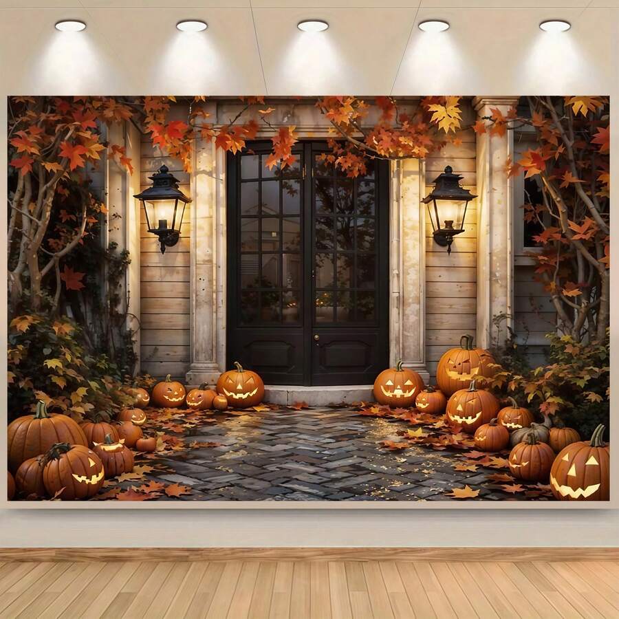 1 Piece Of Autumn Halloween Pumpkin House Background Cloth, Maple Leaf Door Background Photo, Studio Props, Halloween Party Decoration, Photography Background Cloth. - Multicolor - View 1