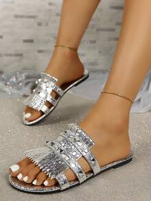 Women's Flat Sandals, Summer Fashion Multi-Functional Tassel Rivet Crocodile Embossed Sandals, Round Toe Open Toe Outdoor Beach Shoes - Silver - View 3