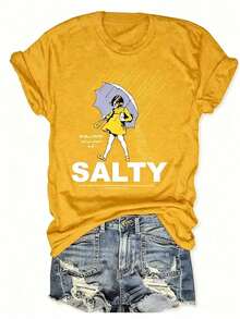 Plus Size Salty With Umbrella Graphic Tee - Vintage Style Summer Beachwear For Women, Perfect For Vacation And Everyday Wear, T-Shirt-Unisex - 黃色 - 查看 8