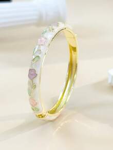 1pc Fashion Vintage Style Gold Floral Pattern Enamel Bracelet, Gold Bracelet, Girls' Jewelry, Suitable For Girls And Women's Jewelry Accessories Bracelet, (Handmade Product, Slight Color Difference May Occur) Daily Wear Holiday Gift, Halloween, Thanksgiving, Christmas, Mother's Day, Valentine's Day, Birthday Gift - Multicolor - View 31