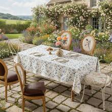 1pc Watercolor Rose & Wildflower Print Tassel Rectangular Tablecloth, Fresh Farmhouse Style Washable Dining Tablecloth, Suitable For Kitchen, Picnic, Dinner Party, Wedding, Indoor/Outdoor Use - Blue and White - View 10