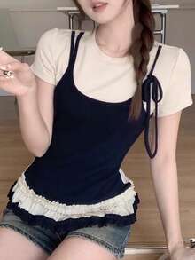 Korean-Style American Summer New Ruffle Hem 2 In 1 Short Sleeve T-Shirt, Top For Women - Navy Blue - View 5