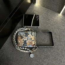 韓式復古藍色花卉圖案手機殼，附花朵手鍊鏈條，適用於 Galaxy ZFlip7 Z Flip6 Flip8 ZFlip 5 Zflip6 Zflip5 防震後蓋 - 藍黃 - 查看 8