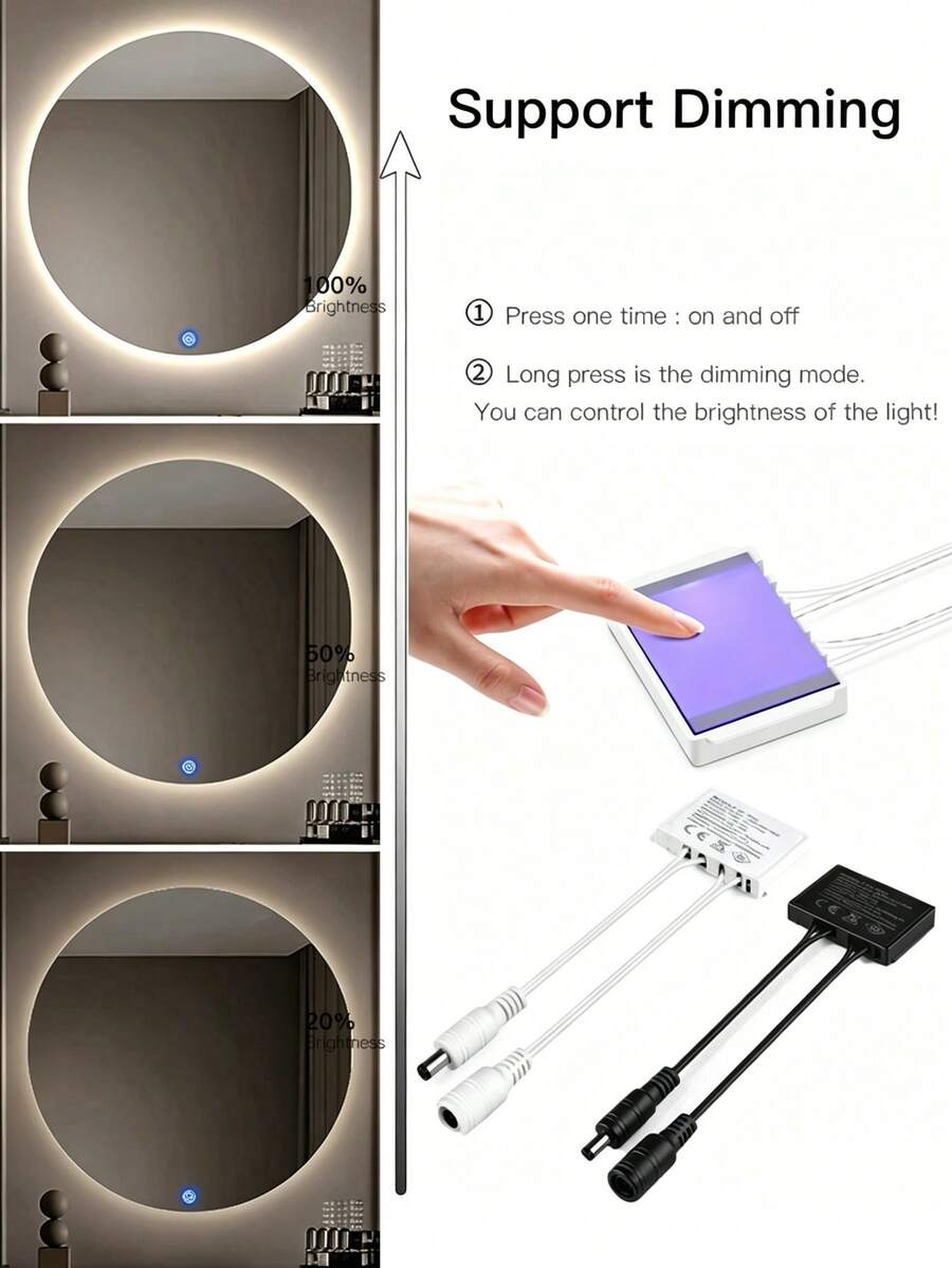 Mirror Touch Sensor Switch LED Dimmer Controller, 5-24V DC Stepless Dimming LED Strip Control, Bathroom Vanity Mirror Hidden Touch Button, Adhesive Backing Installation - MIRROR TOUCH SWITCH - View 1
