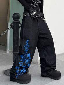 Hearty Haven 1件裝男士時尚街頭風刺繡寬腿寬鬆舒適四季百搭牛仔長褲－不含腰帶與配件 - 黑色 - 查看 5