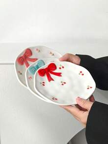 1/2/4pcs Embossed Cute Bow Ceramic Plates, Korean Style Minimalist Ceramic Plates, Afternoon Tea Dessert Plates, Coffee Cup Trays, Breakfast Plates, Casual Snack Plates, Cake Plates, Candy Plates, Gift Tableware, Plates, Suitable For Various Scenes Office, Restaurant - Multicolor - View 5