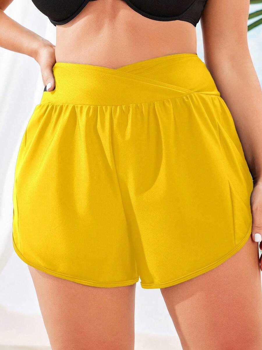 Swim Vcay Short Asymmetrical Size For Summer Bikini Solid Color - Yellow - View 1