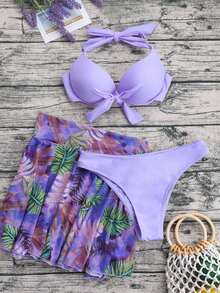 Women's Solid Color Hard Cup Halter Neck Bikini 3-Piece Set With Mesh Printed Skirt - Purple - View 3